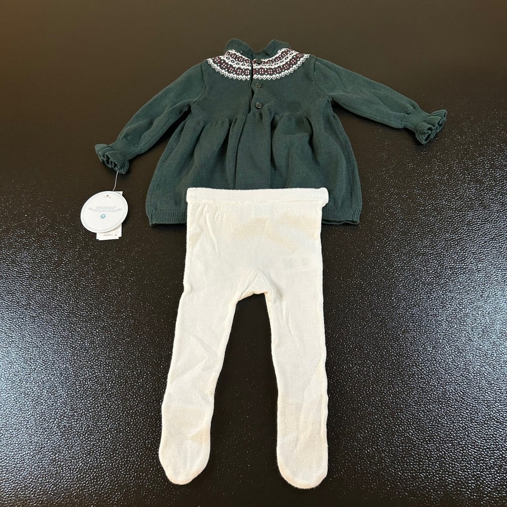 Edgehill Collection Dress & Tights Set Fair Isle Knit Green Baby Newborn NB NWT‎